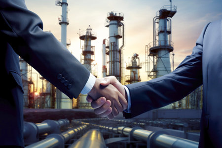 Businessmen shaking hands on background with oil derricks. Business deal conceptの素材