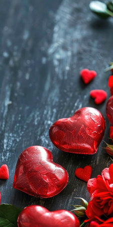 Red hearts on black background. Valentines Day backdrop. Vertical bannerの素材
