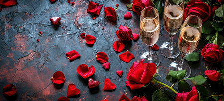 Valentines day background with glasses of champagne and rosesの素材