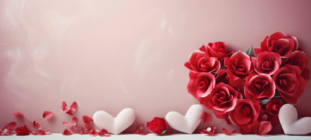 Background with roses and hearts for Valentines Day. Horizontal bannerの素材