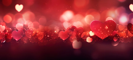 Red background with hearts for Valentines Day. Abstract horizontal bannerの素材