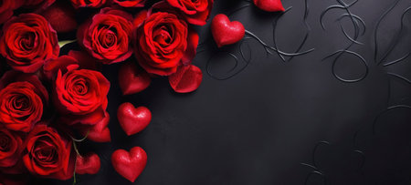 Roses, petals and hearts on a dark background with copy spaceの素材