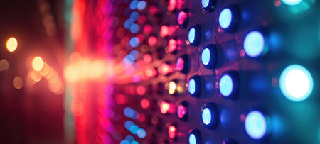 Disco style background with neon blue and purple lights, bokehの素材