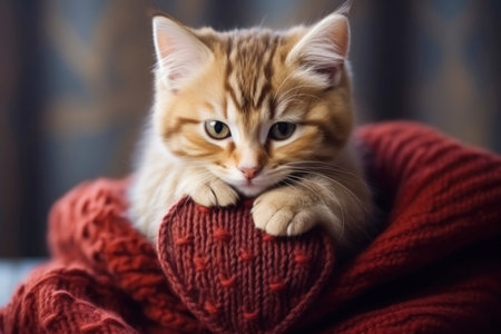 Cute Kitten Clutching a Heart-Shaped Knit Pillowの素材