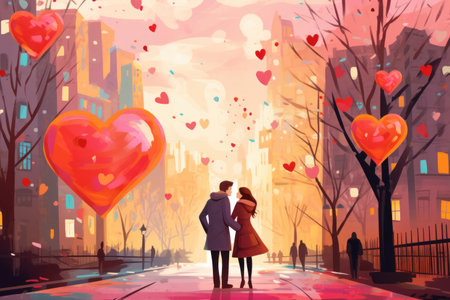 Couple in Love Walking in a Heart-Filled Cityscapeの素材