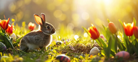 Young Bunny with Easter Eggs in Golden Hour Lightの素材