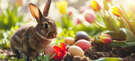 Close-Up of Rabbit with Easter Eggs and Tulips in Gardenの素材