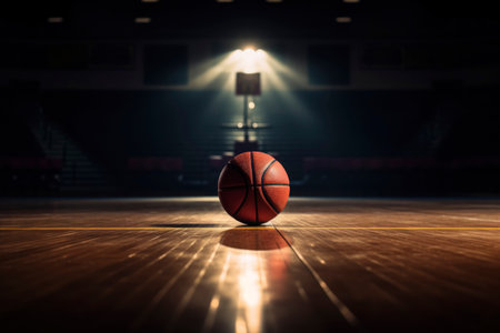 Basketball Centered on Gym Court with Hoop in Backgroundの素材