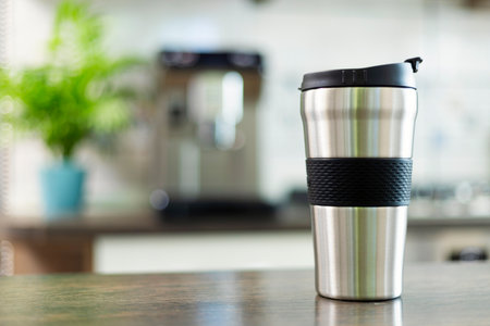 Modern Stainless Steel Travel Mug on Kitchen Counterの写真素材