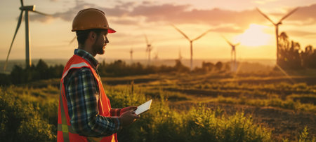 Engineer Inspecting Wind Farm at Sunsetの素材