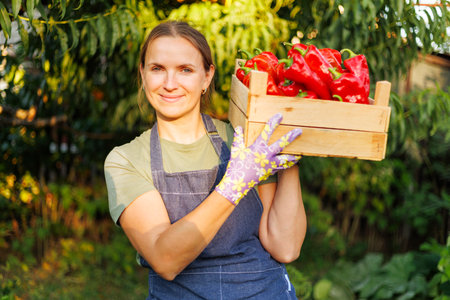 Smiling Woman Holding Crate of Red Peppers in Gardenの写真素材