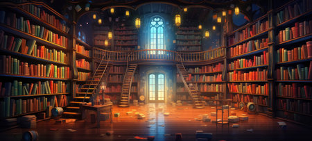 Enchanted Library Room with Glowing Lanternsの素材