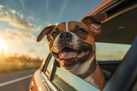Happy Dog Enjoying Car Ride at Sunsetの素材