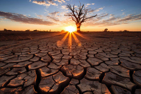 Dramatic Sunset Over Cracked Desert Landscapeの素材