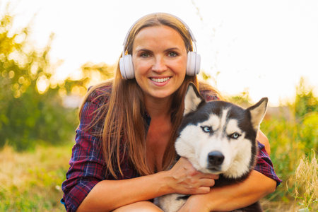 Smiling Woman Hugging Her Husky Dog Outdoorsの写真素材