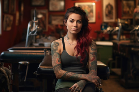Tattooed Woman Sitting in a Tattoo Parlorの素材