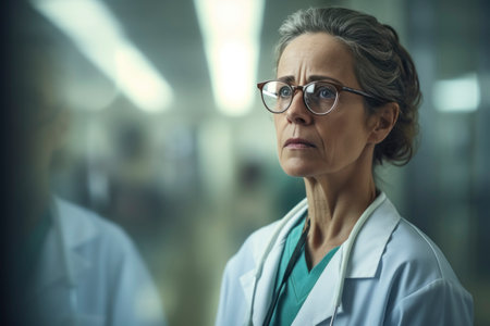 Concerned Senior Female Doctor in Hospital Corridorの素材