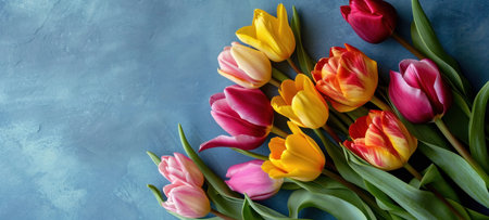 Colorful Tulips Against Blue Textured Backgroundの素材