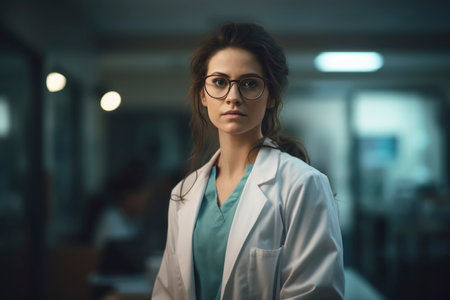 Focused Female Doctor in Hospital Corridorの素材