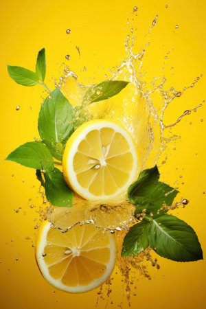 Fresh Lemon Splash on Yellow Backgroundの素材