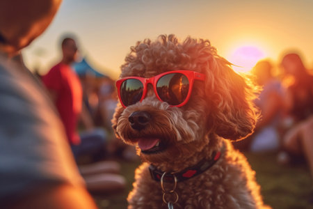 Happy Poodle Wearing Sunglasses at Sunsetの素材