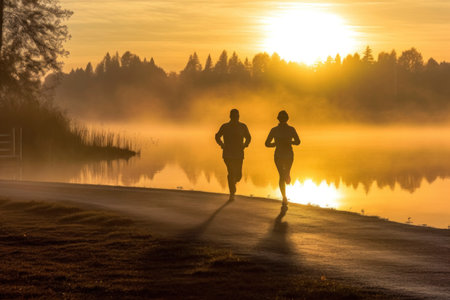 Runners Jogging at Sunrise by Misty Lakeの素材