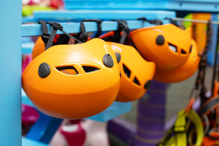 Orange Climbing Helmets on Displayの写真素材