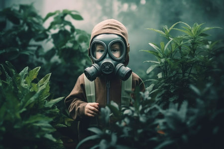 Child in Gas Mask Among Green Foliageの素材