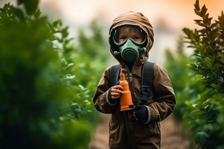 Child in Gas Mask Holding Bottle with Plantsの素材