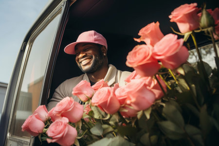 Smiling Man with Pink Roses in Carの素材