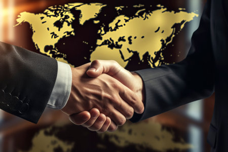 Global Business Handshake with World Map