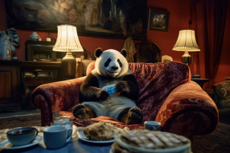 Panda Relaxing on Couch with Cookies and Teaの素材
