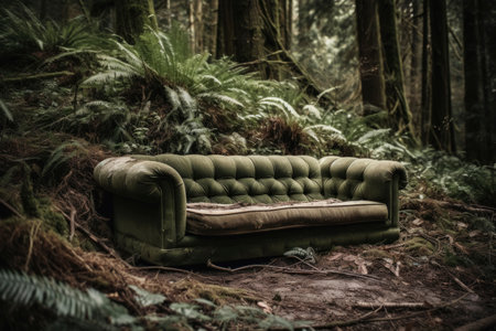 Abandoned Sofa in Lush Forest Settingの素材
