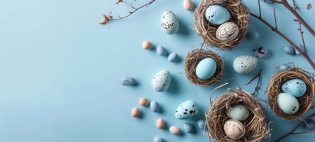 Easter Eggs Nestled in Straw on Pastel Blue Backgroundの素材
