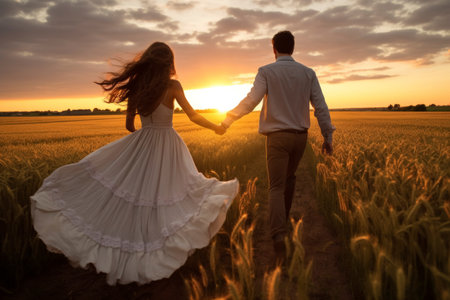 Couple Holding Hands in Sunset Wheat Fieldの素材