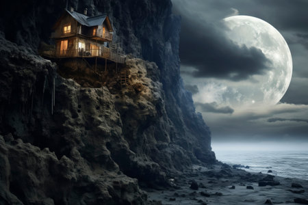 Secluded Cliff House Under a Full Moonの素材