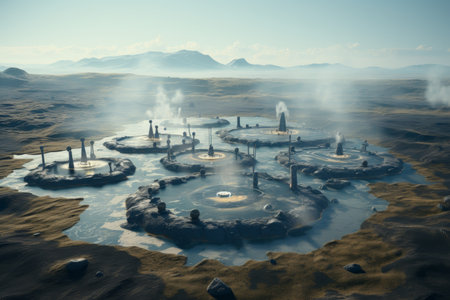 Geothermal power plants and technology in scenic warm spring landscape with visible steam ventsの素材