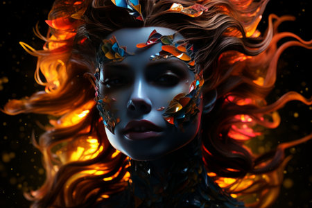 Vibrant digital art of a fantasy fire elemental woman with fiery hair, embodying warmth and transformationの素材