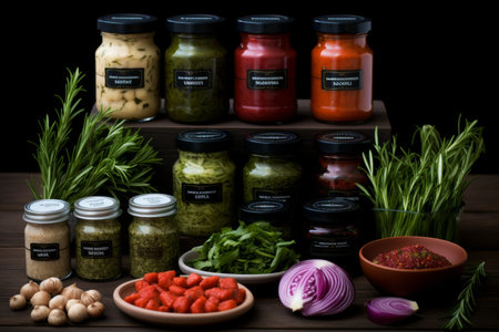 Variety of pickled goods and fresh herbs on a wooden surface.の素材