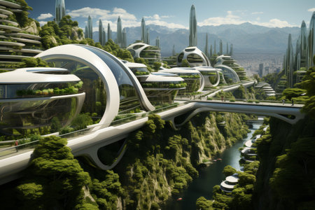 A visionary ecological cityscape with green buildings and advanced interconnected infrastructure.の素材