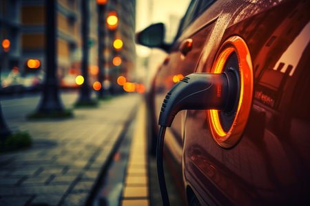Electric car being charged on a city street at dusk with glowing lightsの素材