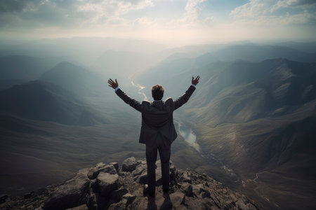 Businessman Celebrating Success on Mountainの素材