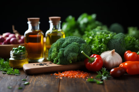 Green vegetables and condiments for healthy cuisine on wood.の素材