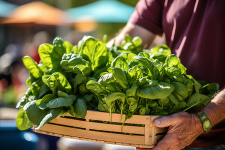 Arm carrying a crate full of lush spinach leaves.の素材