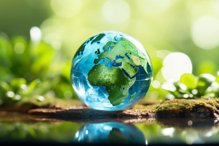 A glass globe with a detailed Earth design on a natural wooden and green leafy backdropの素材