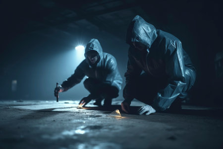 Two forensic investigators examining crime scene at nightの素材