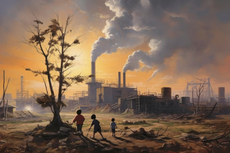 Children Observing Industrial Pollution at Sunsetの素材