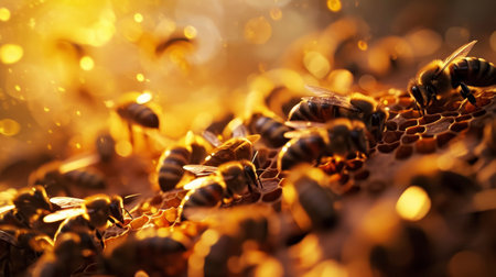 Bees on Honeycomb in Golden Lightの素材