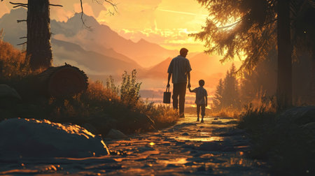 Father and Child Walking Hand in Hand Towards Sunset on a Countryside Path, Embracing Togethernessの素材
