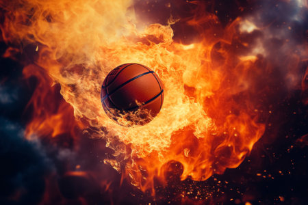 Basketball engulfed in flames on a dark background.の素材
